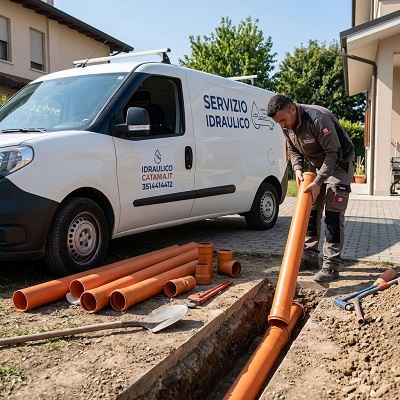 Tecnico specializzato nell'installazione di una condotta fognaria durante la posa di una tubazione delle acque nere.