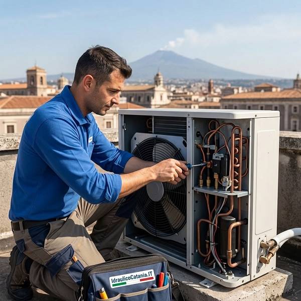 Tecnico durante un intervento di riparazione condizionatori Catania sulla macchina condensante esterna.